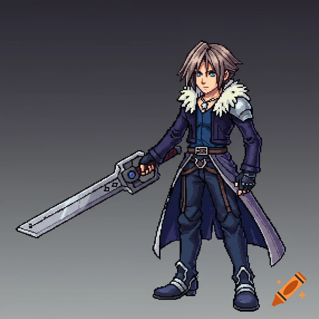 Pixel art of Squall from Final Fantasy holding a gunblade.