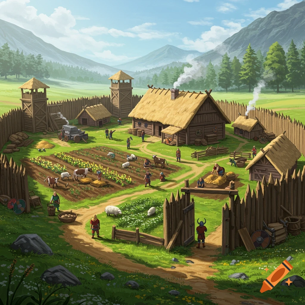 A bustling viking farm with buildings, fields, animals, and people inside a palisade fence.