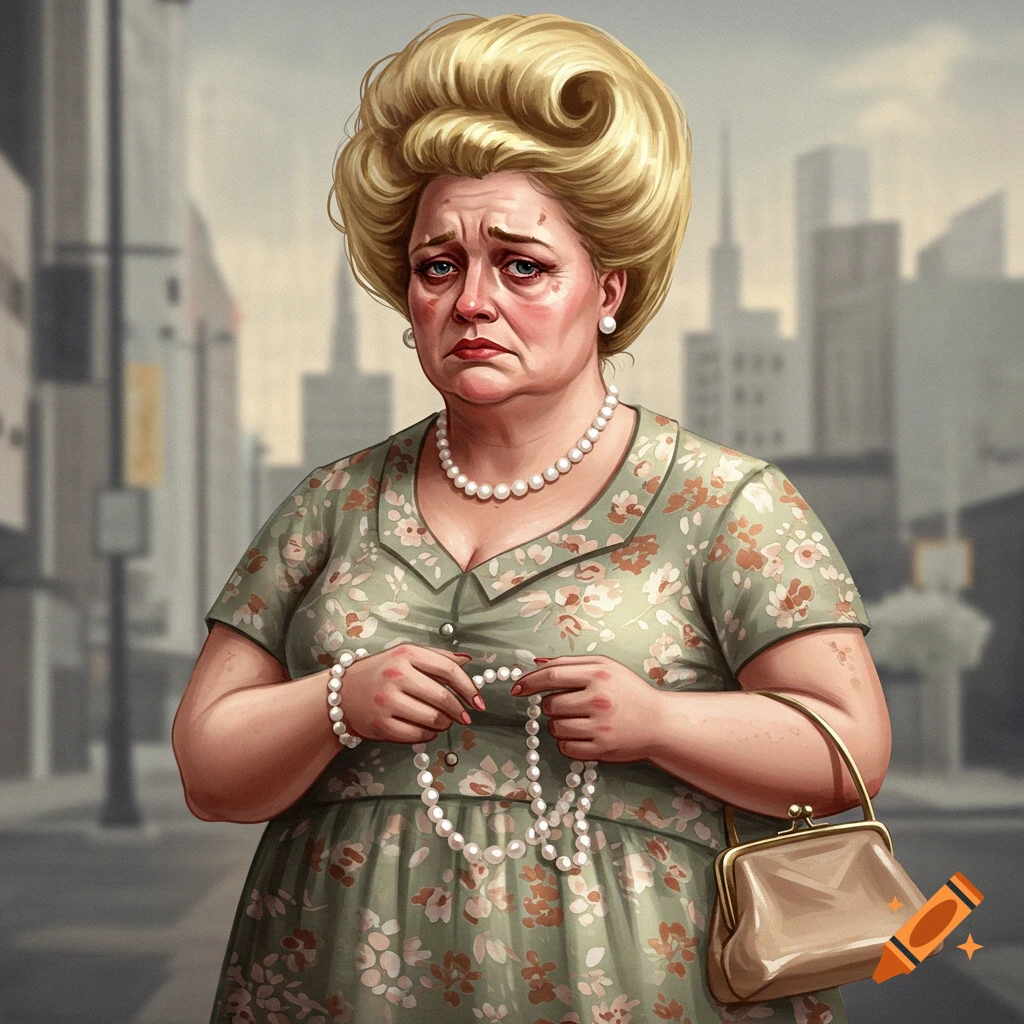 Image of a distressed woman holding a pearl necklace in a city.