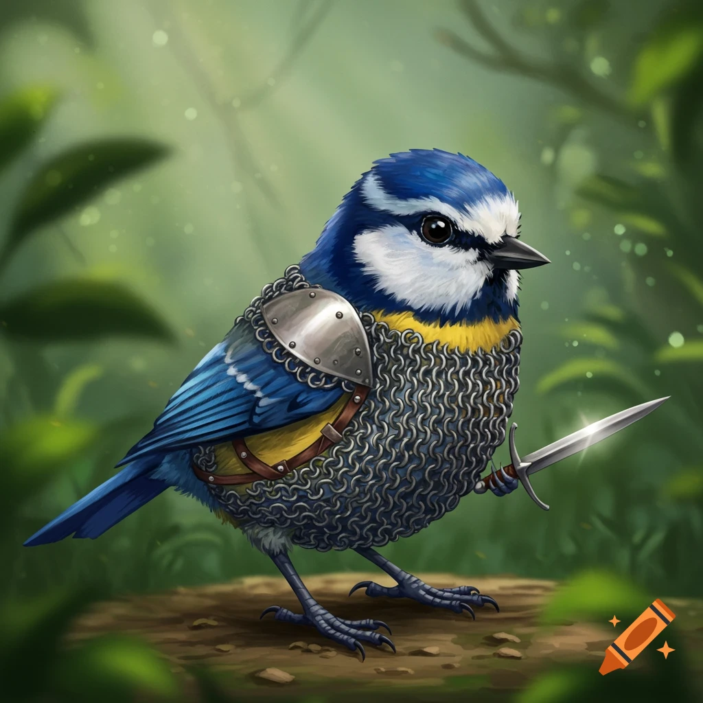 A small blue and yellow bird wears chainmail armor and holds a sword in a forest clearing.
