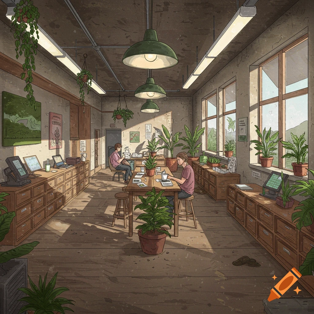 A bright, plant-filled community center with natural light, computers, and wooden furniture, where people are working.