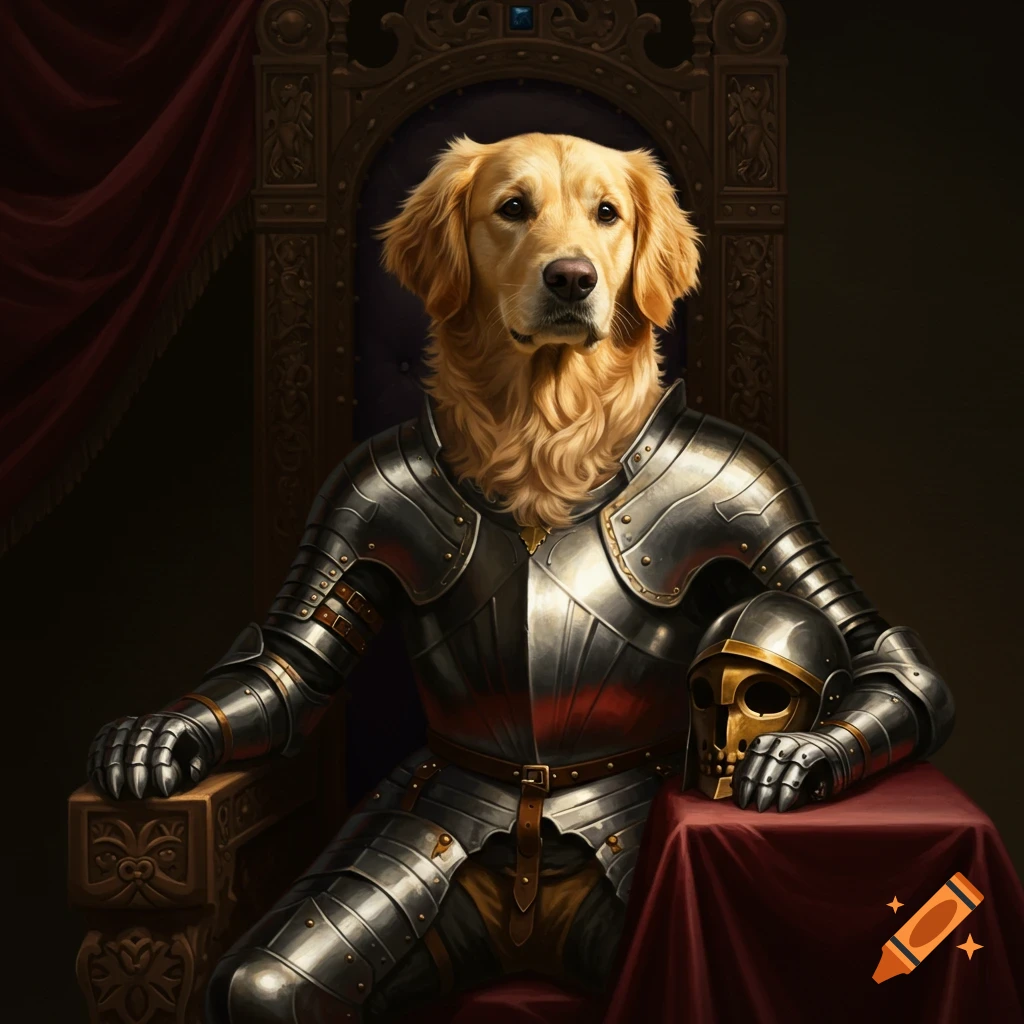 Golden retriever wearing armor sits on a throne, holding a helmet.
