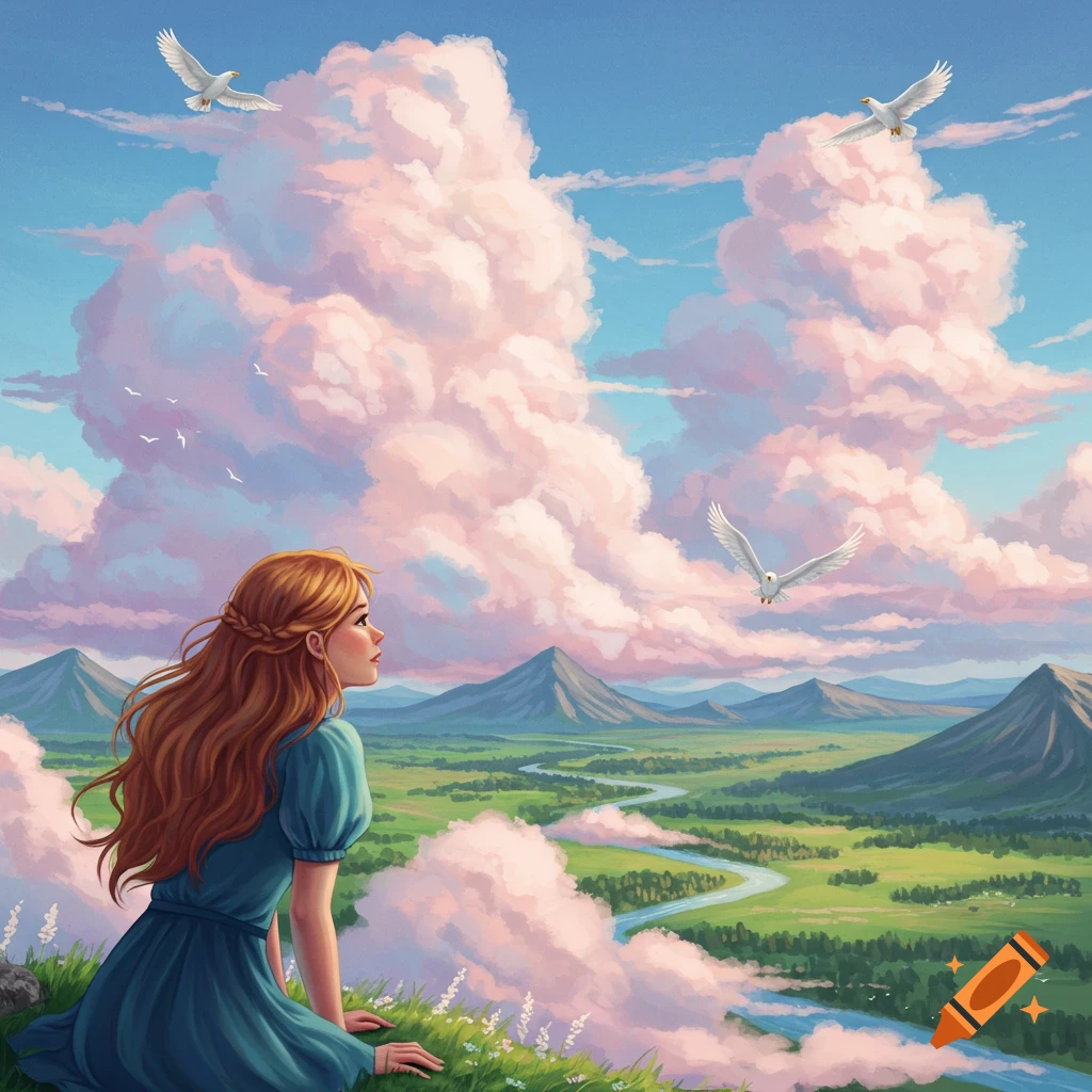 A woman is looking at a landscape with mountains, a river, pink clouds, and birds flying.