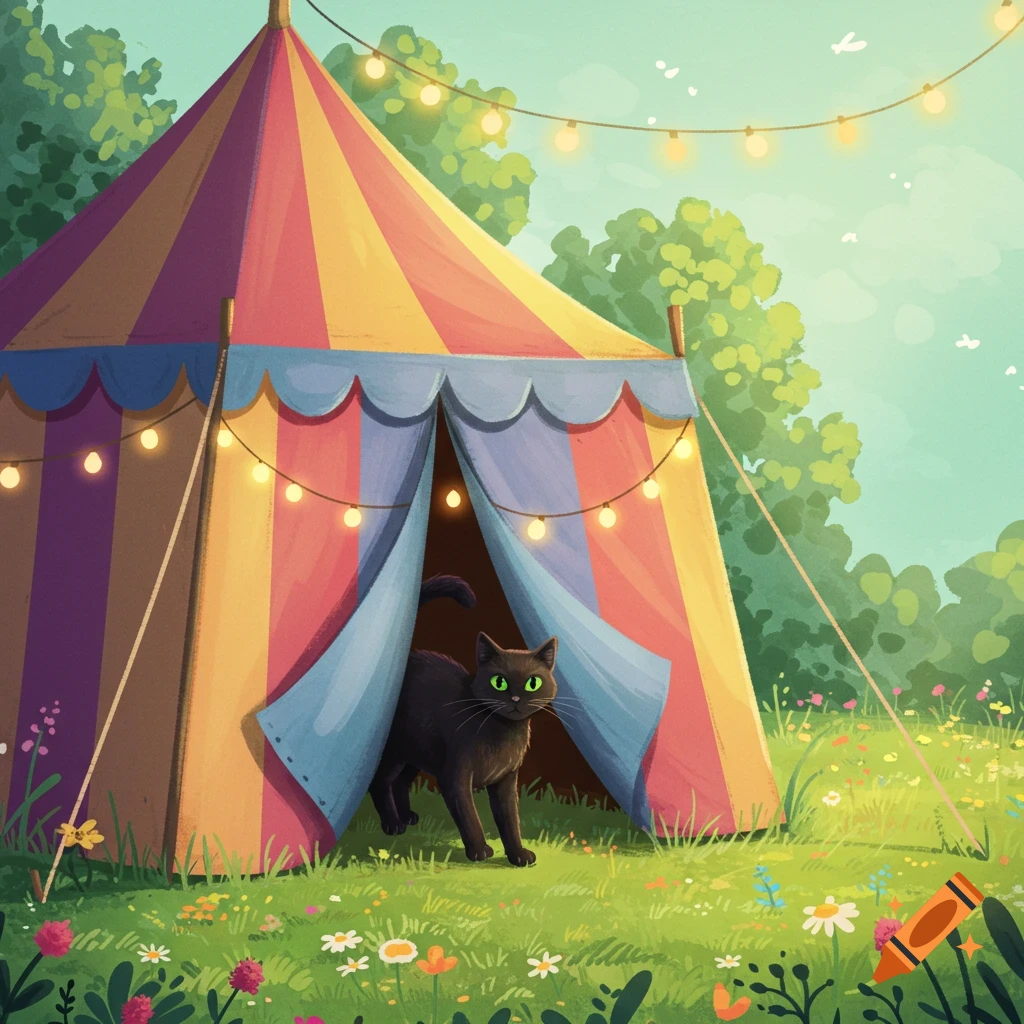 A black cat walks into a colorful circus tent in a grassy field.
