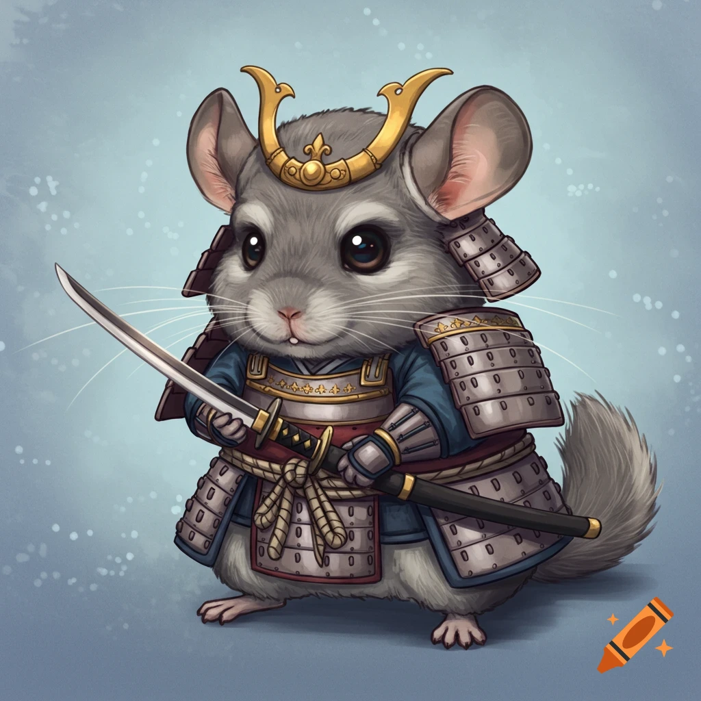 A cute chinchilla wearing samurai armor and holding a sword.