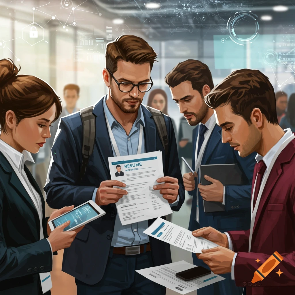 Business people reviewing resumes at a conference with technical graphics