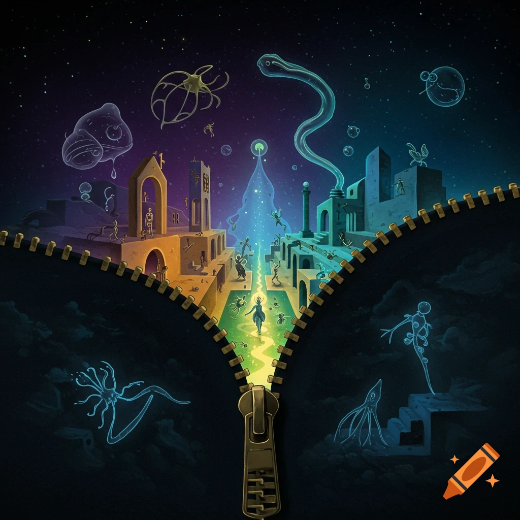 A zipper unzips revealing a surreal fantasy world with strange creatures and buildings under a starry sky.