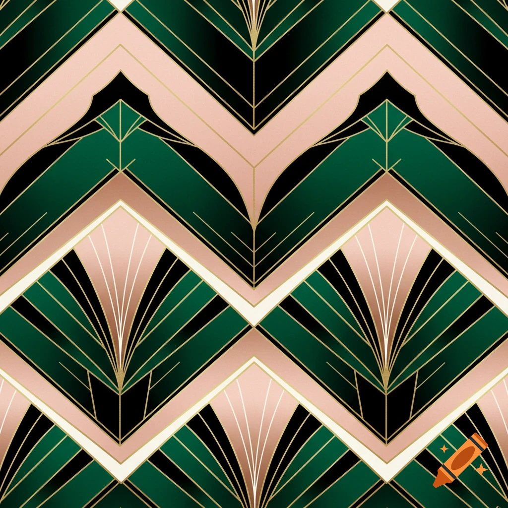 A seamless Art Deco geometric pattern with emerald green, blush pink, black, and gold lines and shapes.
