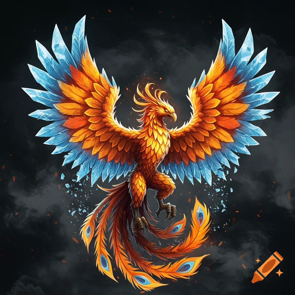 Detailed illustration of an orange phoenix with ice-blue wings flying against a dark, smoky background.