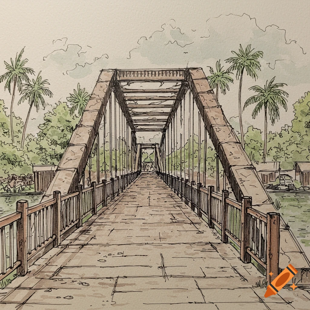 A sketch and watercolor illustration of a bridge leading into the distance, with palm trees and vegetation on either side.