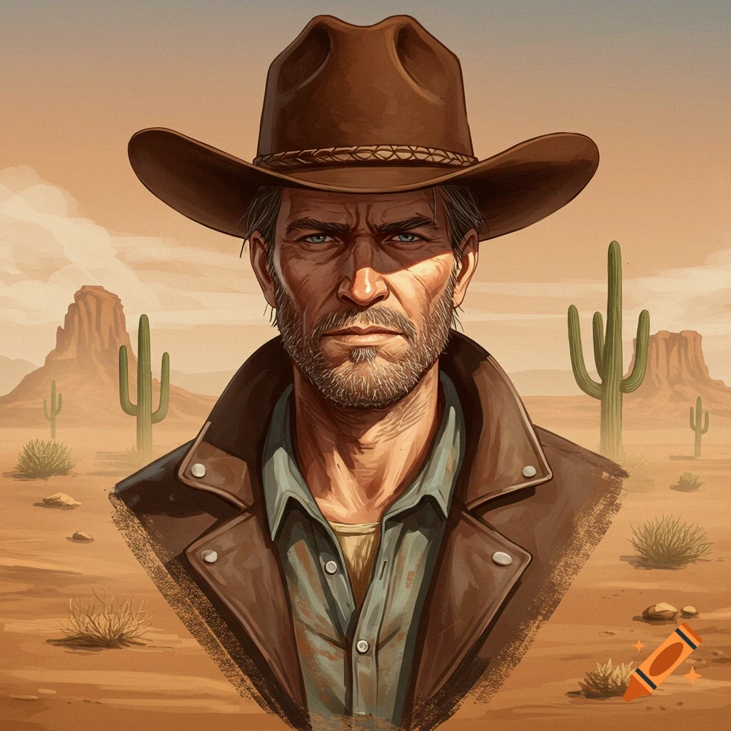 A man in a cowboy hat is in a desert with cacti and mesas.