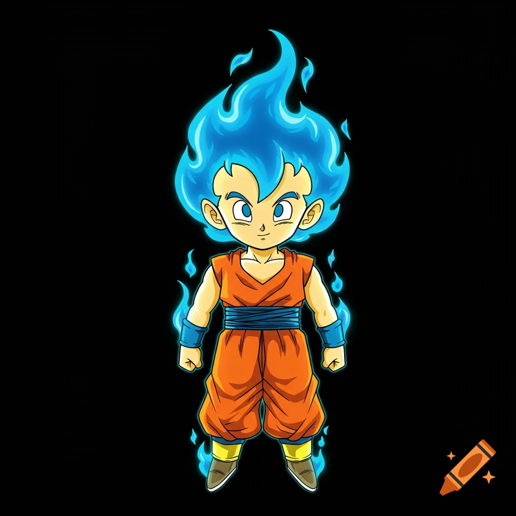 Chibi anime boy resembling Goku with blue flaming hair and aura in orange gi against a black background.