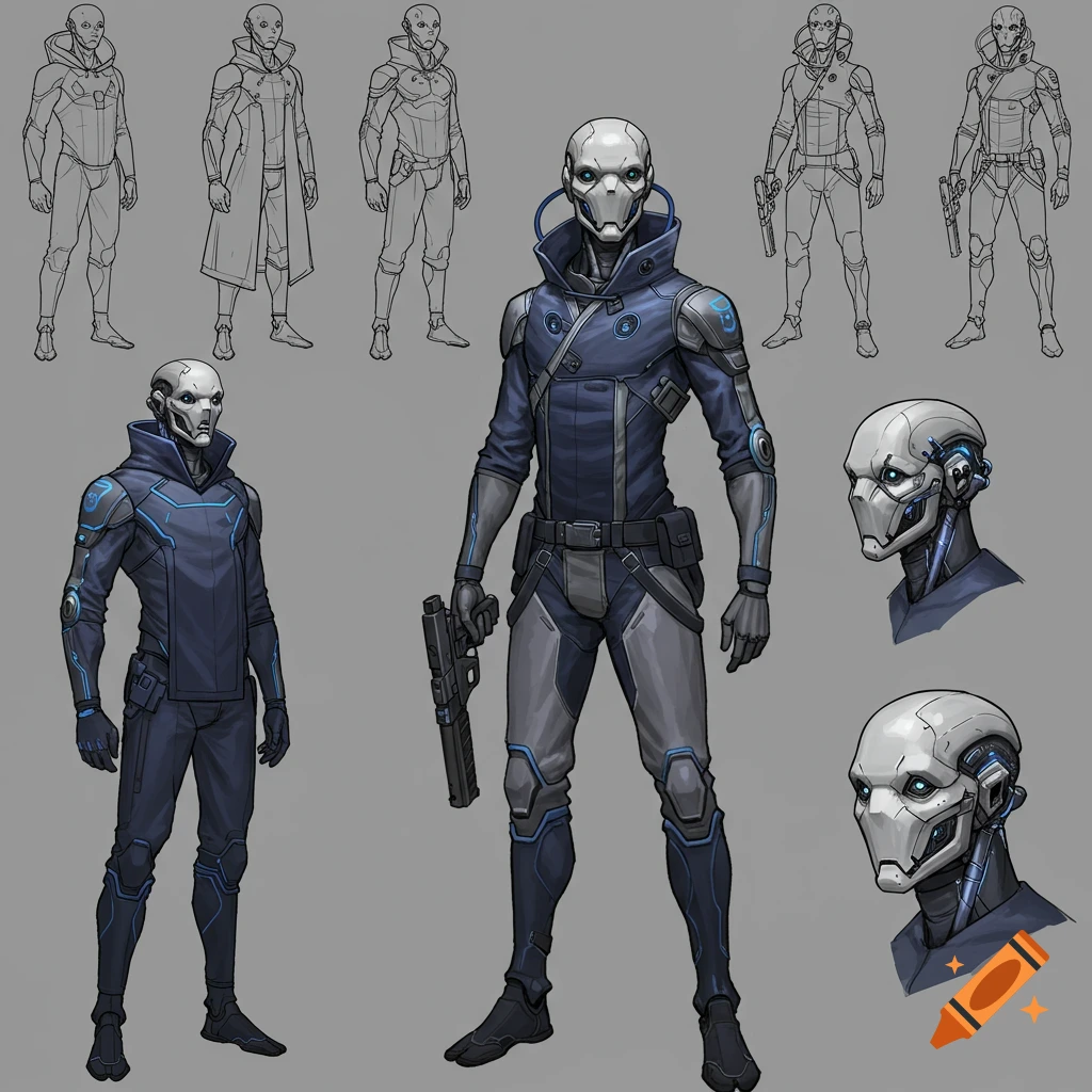 Sci-fi character concept art featuring full body views and close-ups of the head, wearing futuristic armor.