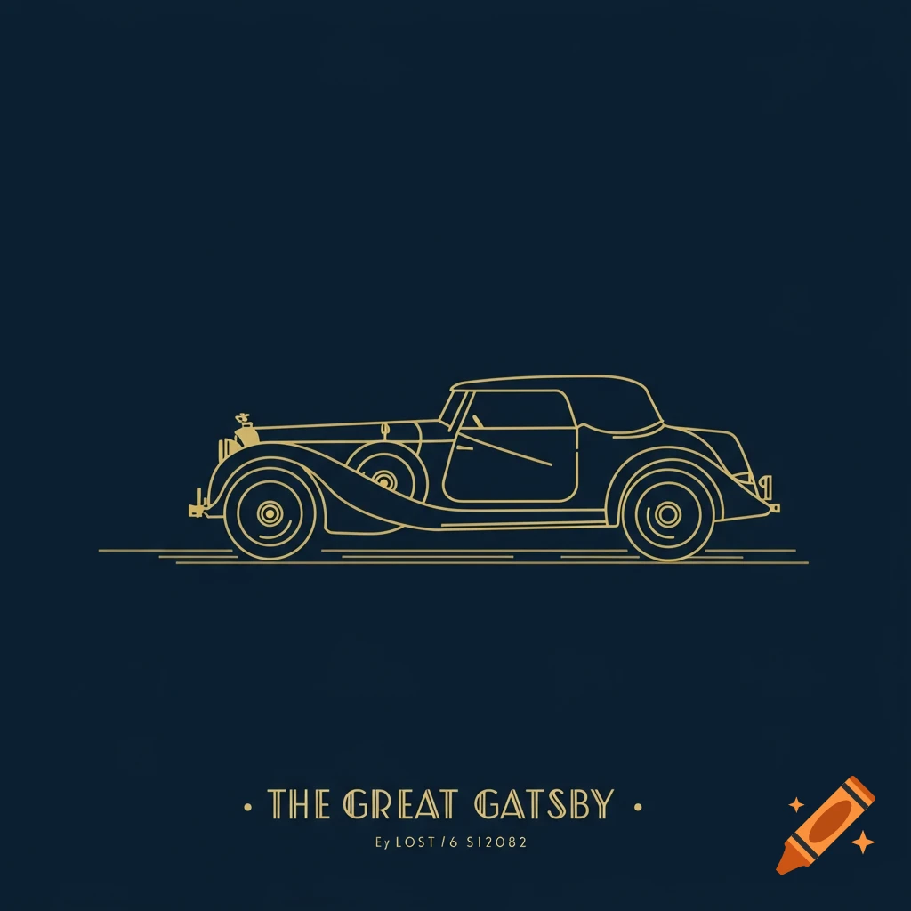 Gold line art illustration of a classic car on a dark blue background, referencing The Great Gatsby.