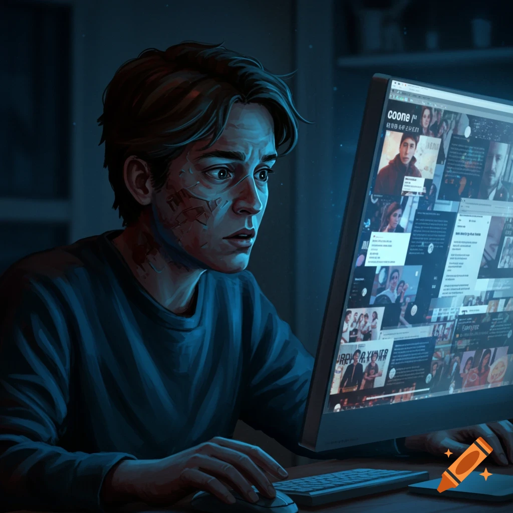 A person with facial injuries intently looking at a computer screen displaying online content.