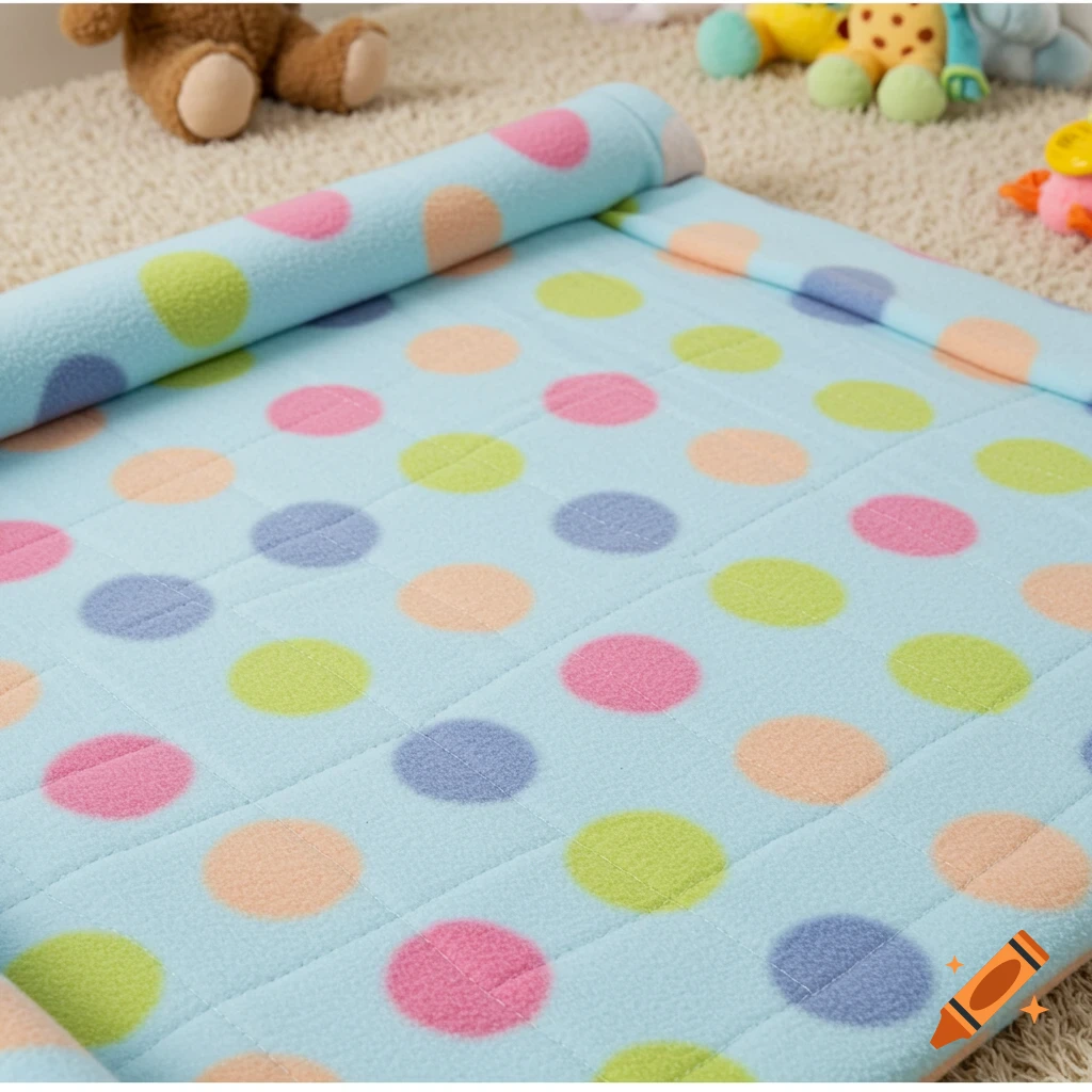 Close-up of a pale blue baby quilt with pastel polka dots, surrounded by soft toys.