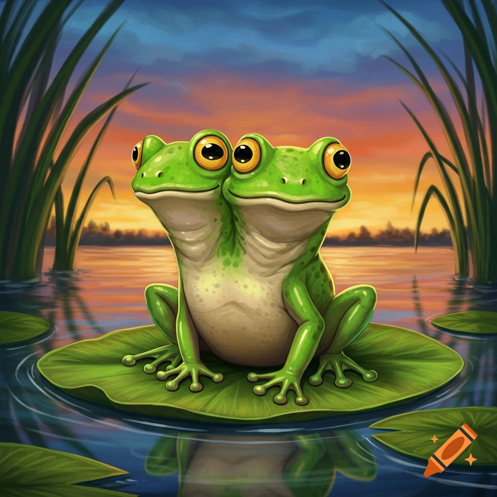 A two-headed frog sits on a lily pad at sunset.