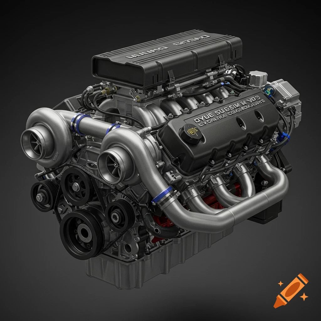 Detailed view of a high-performance engine with multiple turbos and a supercharger.