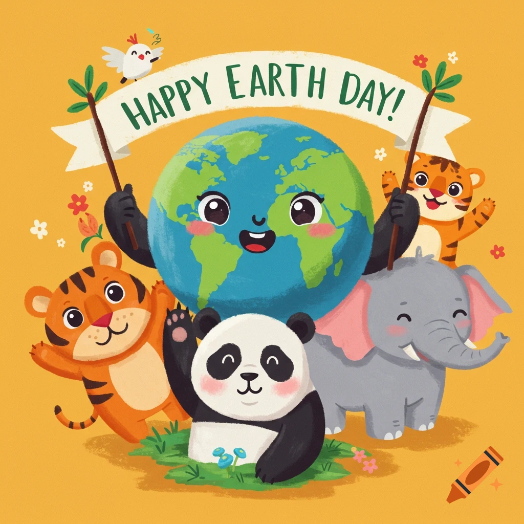 Cute cartoon Earth character and animal friends hold a Happy Earth Day banner in a digital illustration.