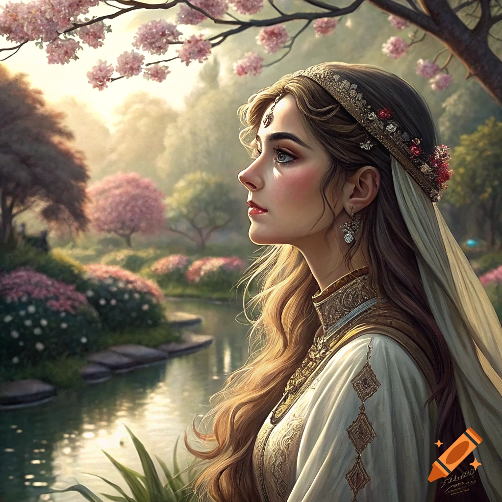 A woman in ancient attire stands in a lush garden with pink cherry blossoms and a river.