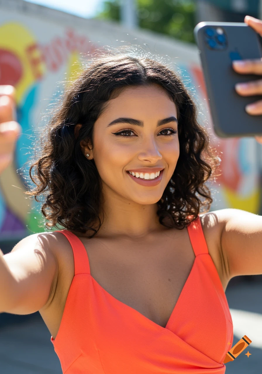 Young woman smiles while taking a selfie with her phone outdoors with blurry street art in the background.