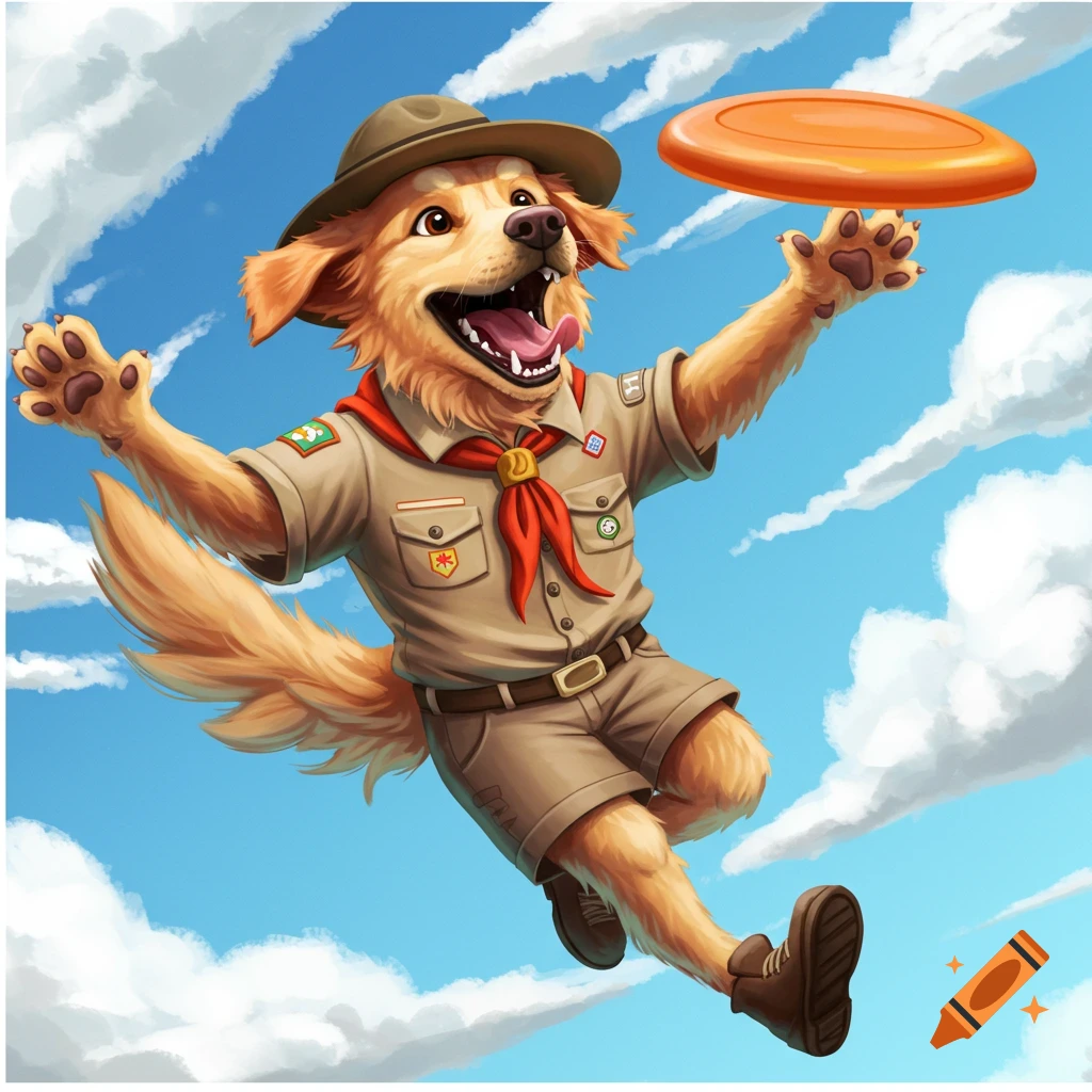 A golden retriever dog wearing a scout uniform leaps to catch a frisbee in the sky.