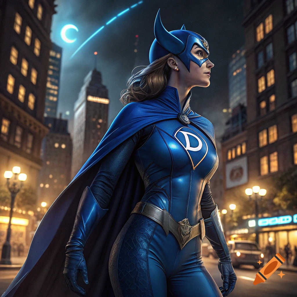Female superhero in blue suit, cape, and mask stands on a city street at night.
