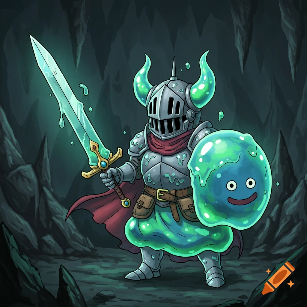 Illustration of a Slime Knight from Dragon Quest holding a sword and slime shield in a cave.