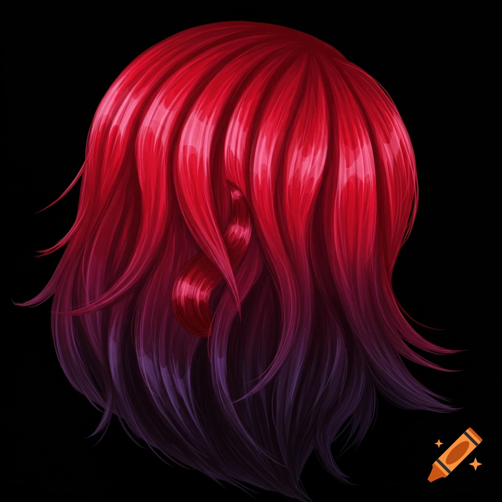 Shiny red hair with purple ends on a black background.