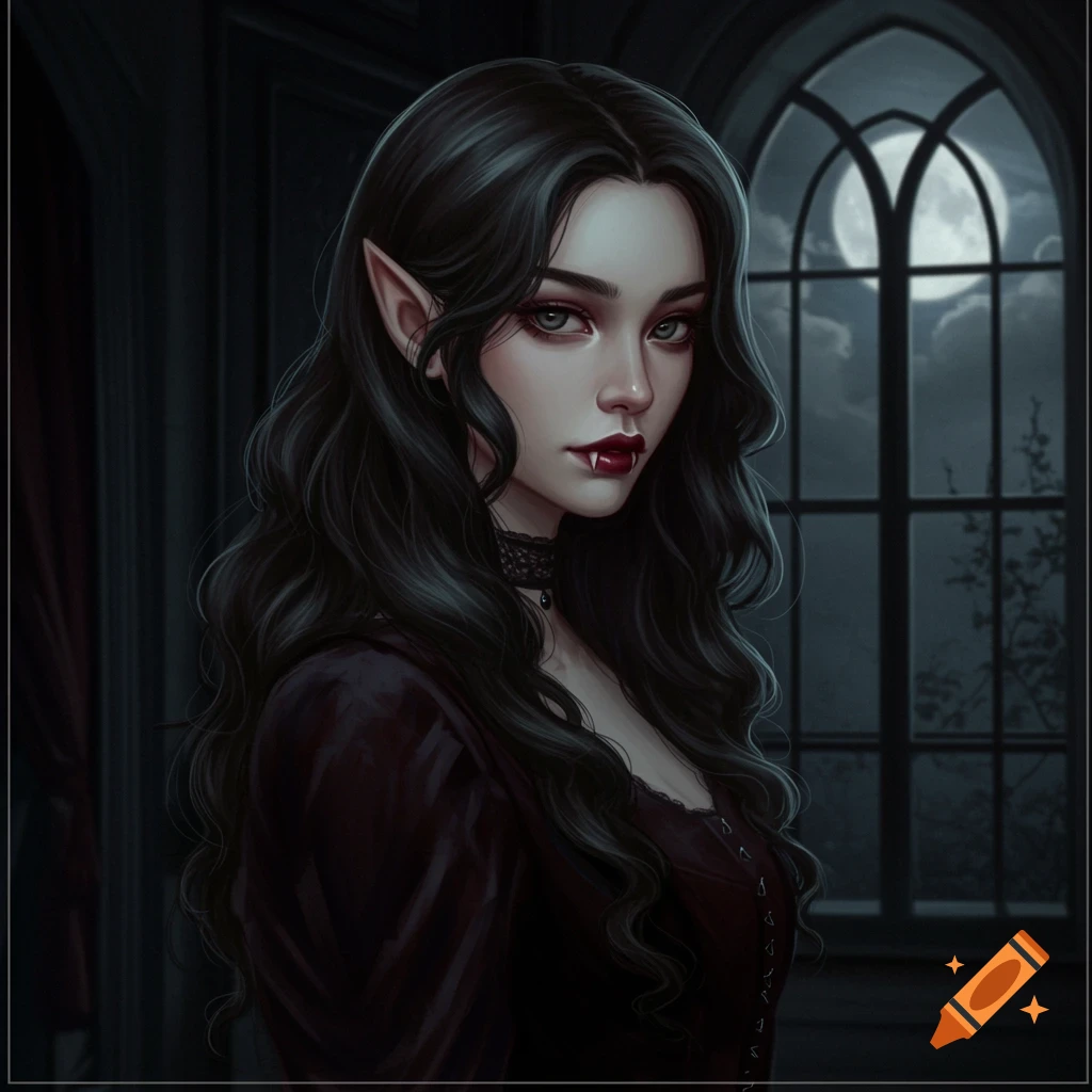 Portrait of a gothic vampire girl with dark hair, pale skin, fangs, and pointed ears, standing by a window in moonlight.