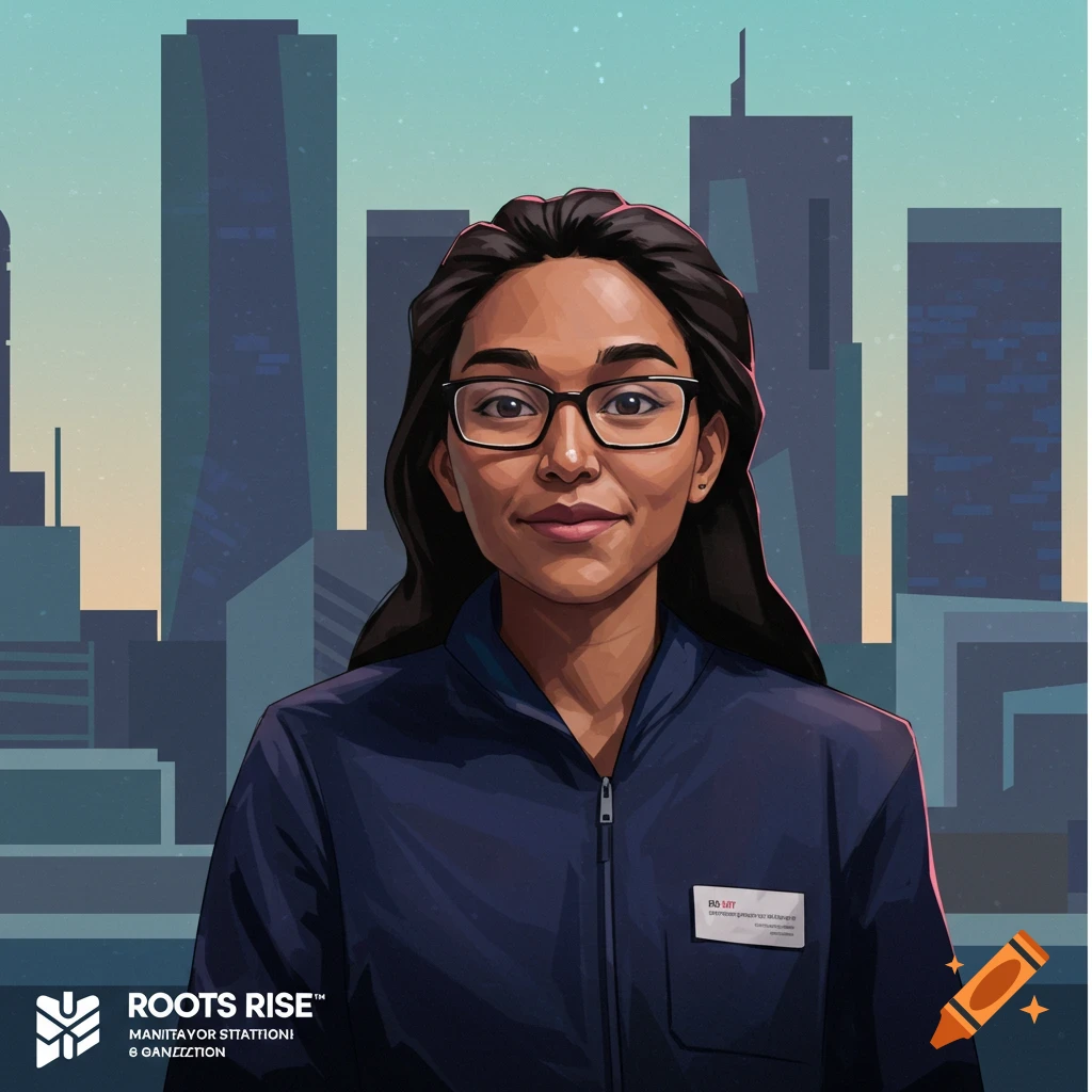 A woman with glasses smiles in front of a city skyline.