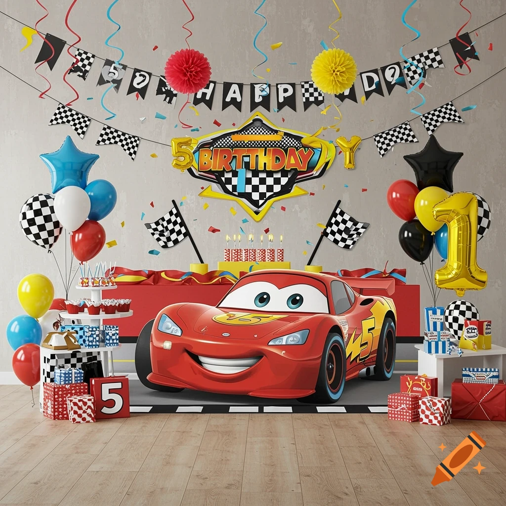 A colorful birthday party scene with a large cartoon red race car, balloons, a "5th BIRTHDAY" banner, and gift boxes.