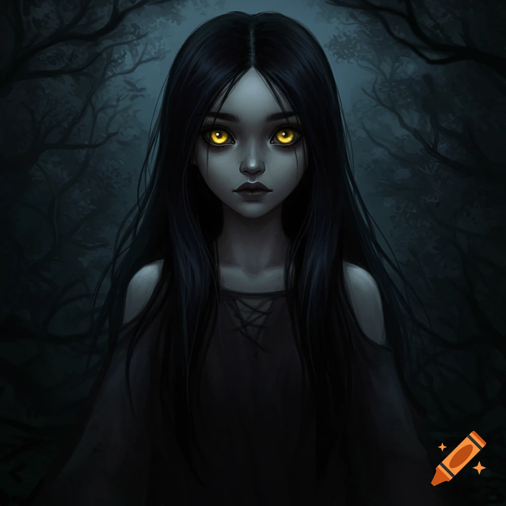 A girl with long black hair and glowing yellow eyes in a dark forest.