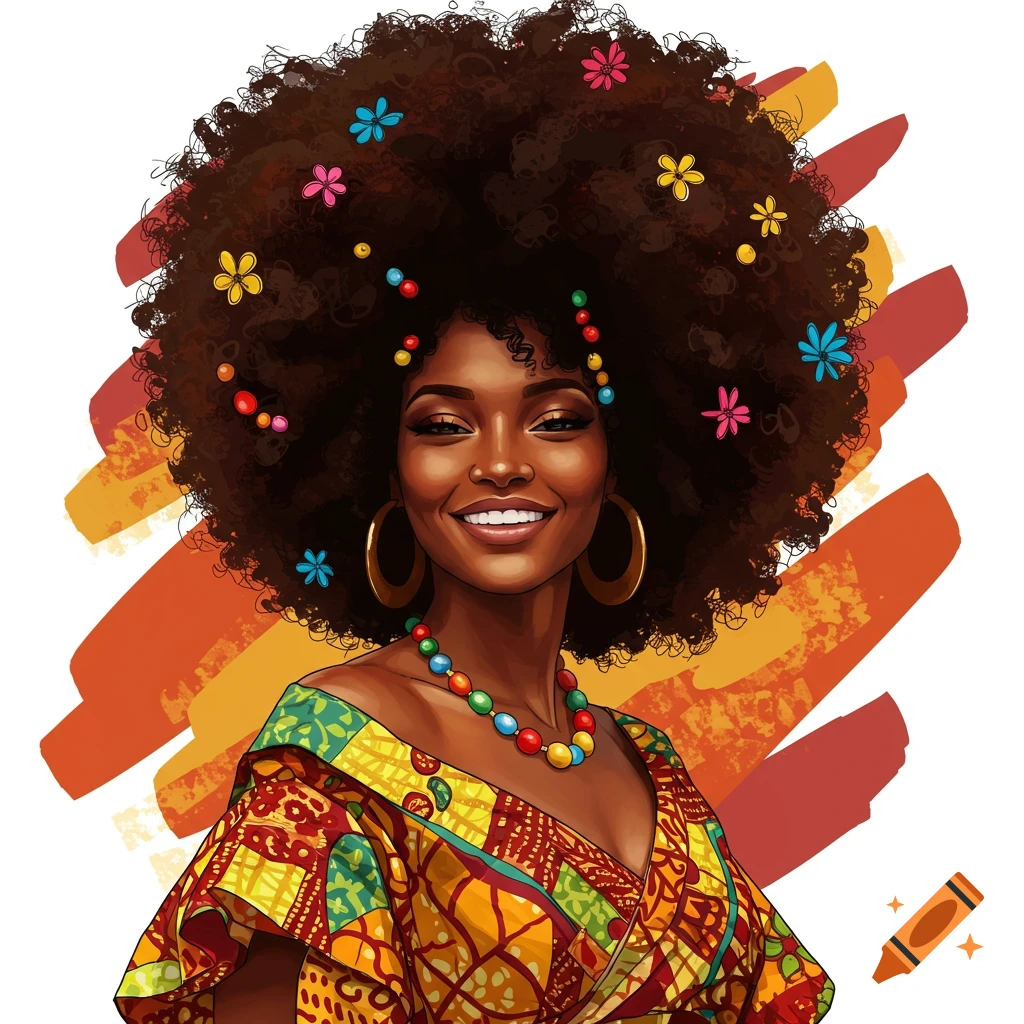 A smiling Black woman with a large afro decorated with colorful flowers and beads, wearing a vibrant patterned dress and large hoop earrings.