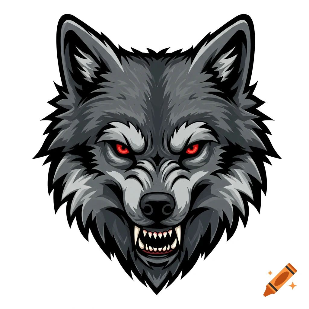 Vector art illustration of a snarling wolf's head with red eyes and grey fur.