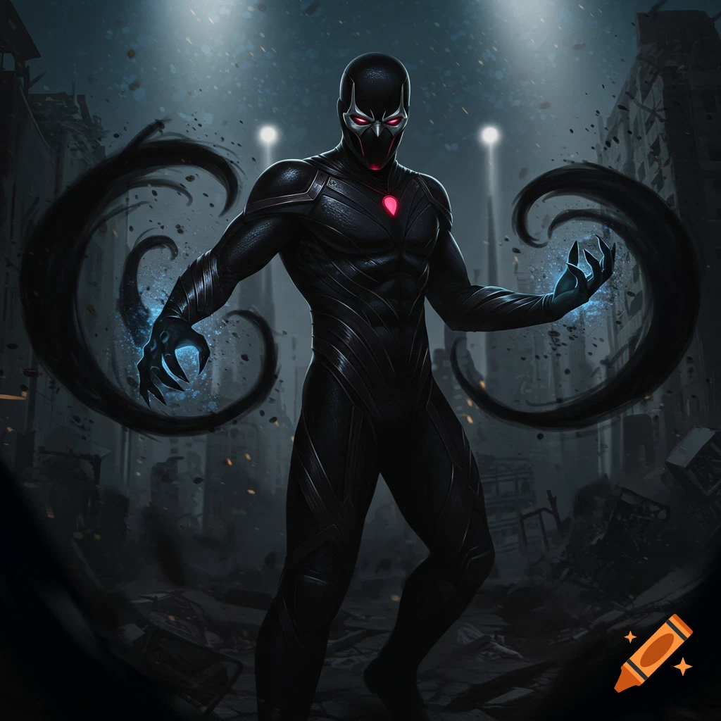 A dark figure with glowing eyes and shadow powers stands in a ruined city.