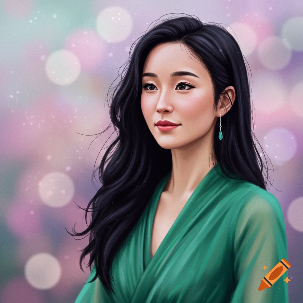 Painting of a woman with dark hair in a green dress against a bokeh background.
