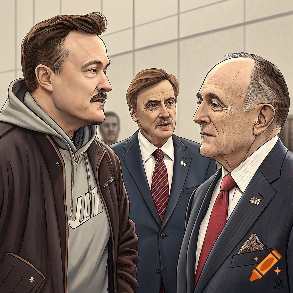 Illustration of three men, one in a hoodie and jacket, two in suits, in a room.