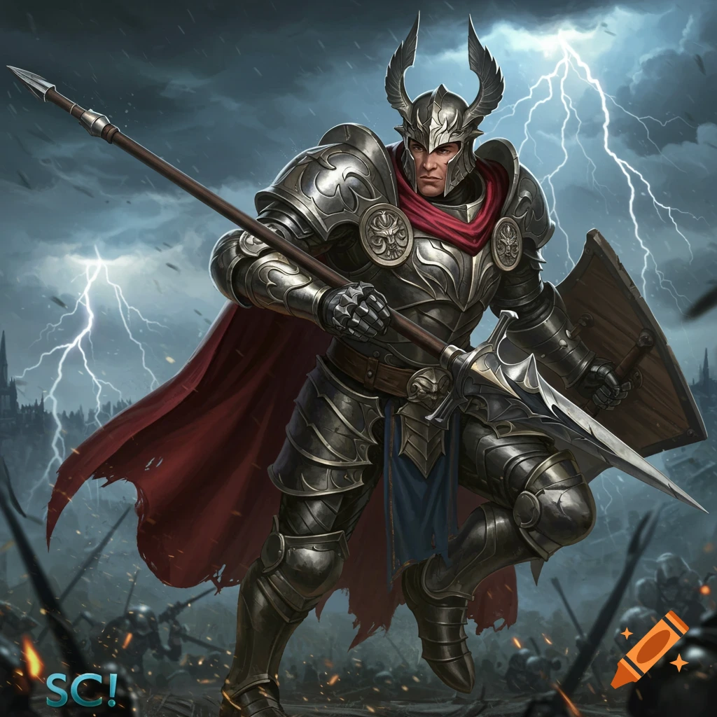 A knight in detailed silver armor holding a spear and shield stands on a battlefield with lightning overhead.
