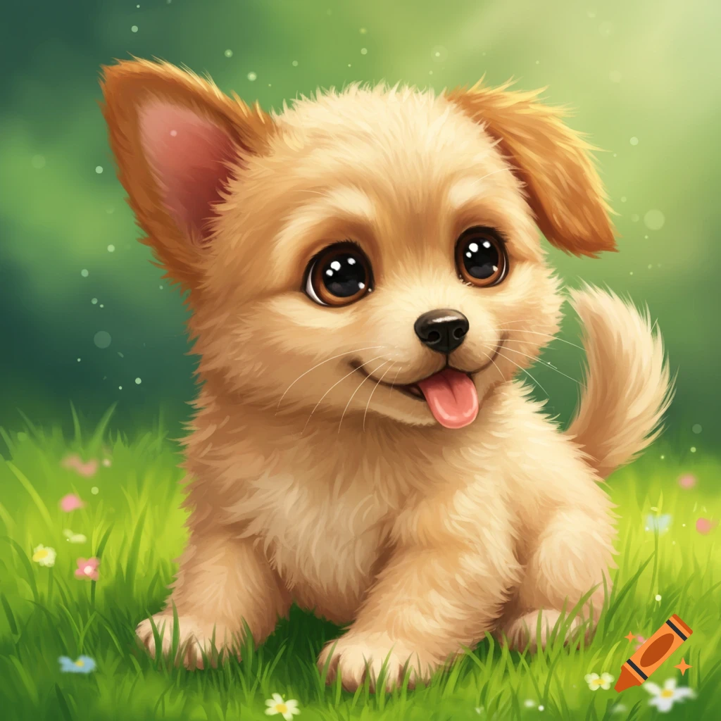 A cute puppy sitting in green grass with tiny flowers.