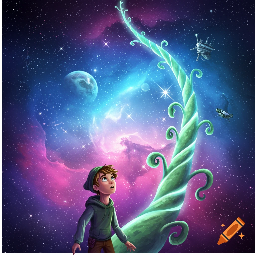 A boy looks up at a giant beanstalk growing into a space scene with planets and spaceships, digital illustration.