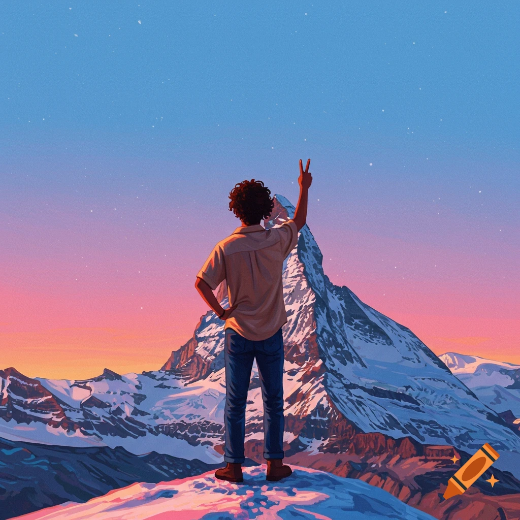 A person makes a peace sign on a snowy mountaintop at sunset.