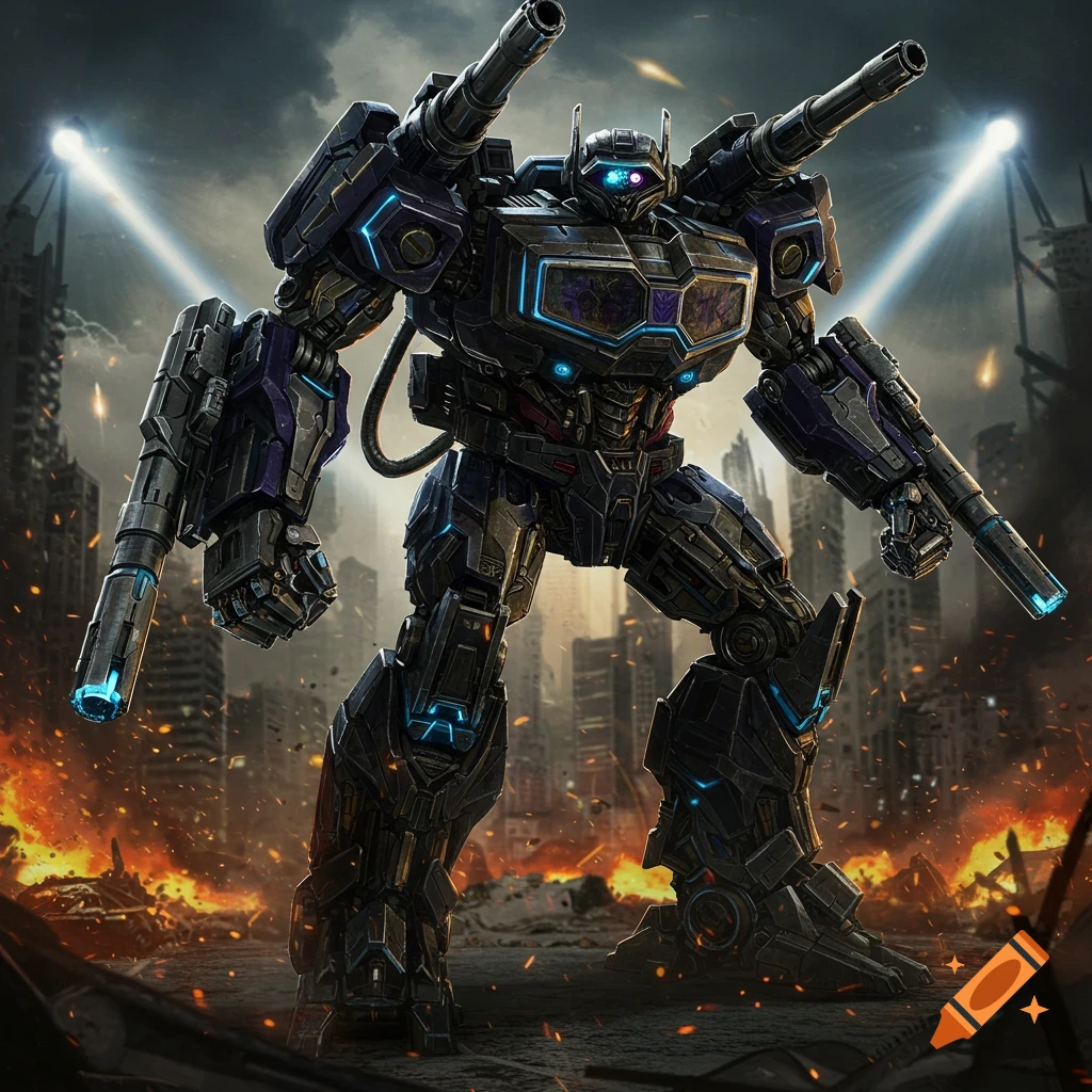 A purple robot named Shockwave standing in a destroyed city.
