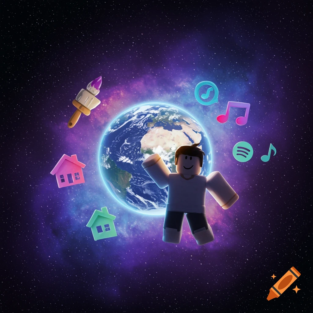 A Roblox avatar floats near Earth in a galaxy background, surrounded by symbols like a paintbrush, houses, and music notes.