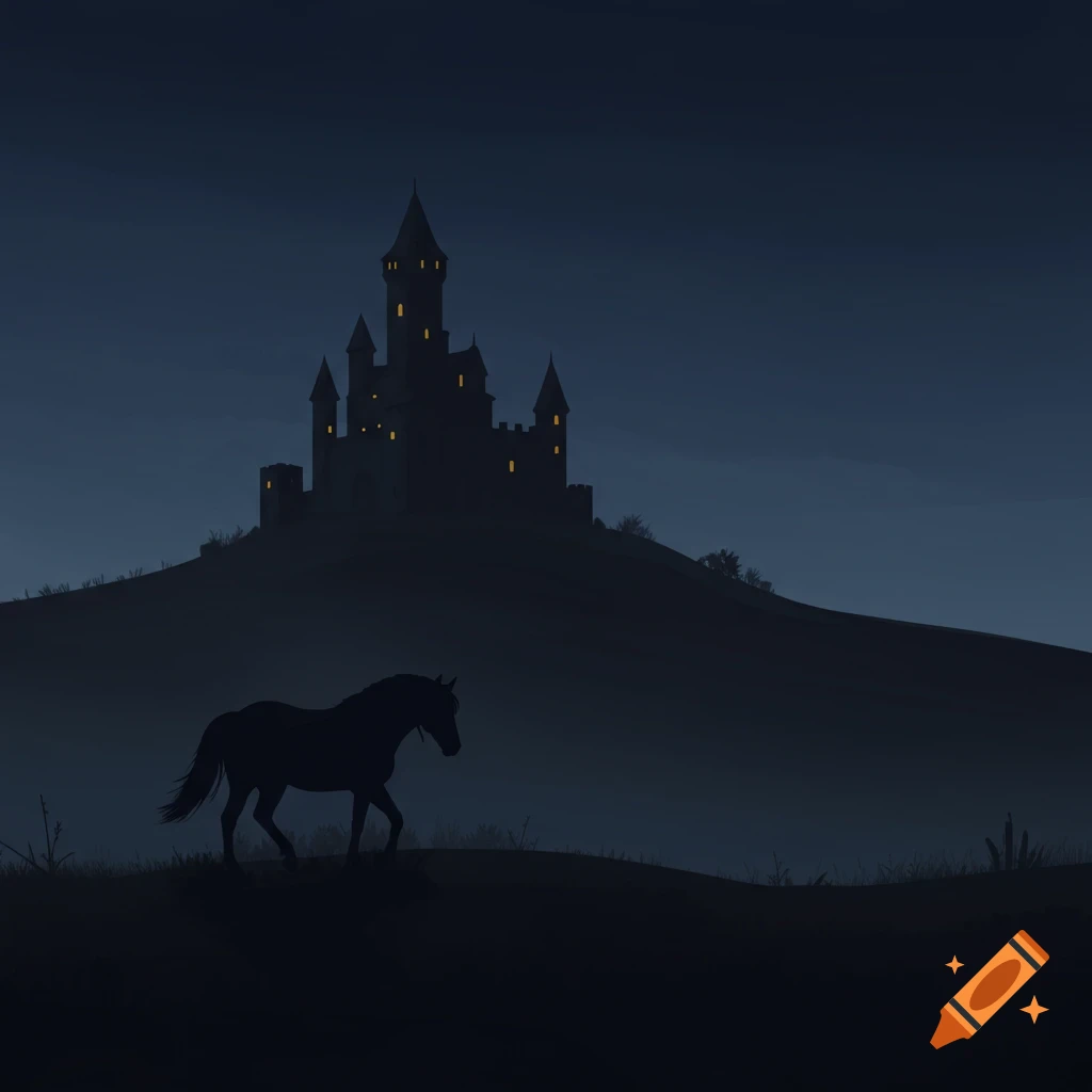 A horse silhouette walks towards a castle silhouette on a hill at dusk.