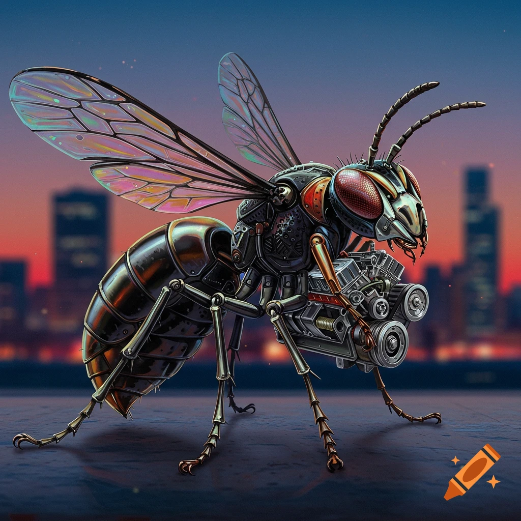 A mechanical wasp made of automotive parts, standing in front of a city skyline at sunset.