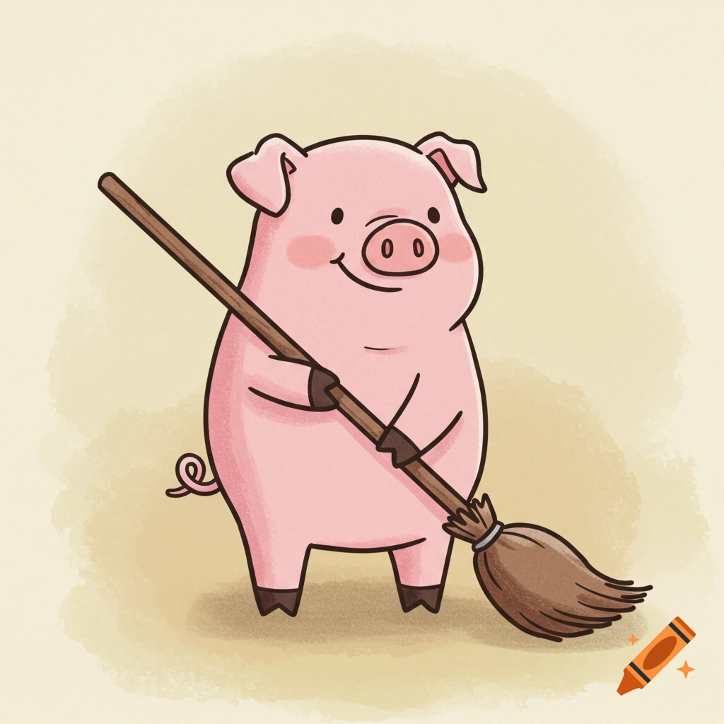 A cartoon pig holds a broom.