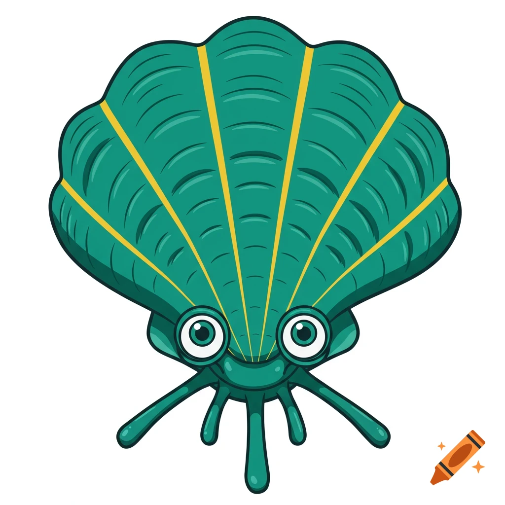 Cartoon teal and yellow shell creature with googly eyes and tentacles.