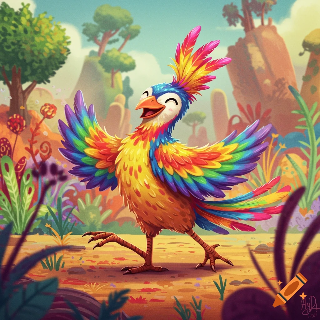A rainbow-colored bird with spread wings dances in a whimsical landscape.