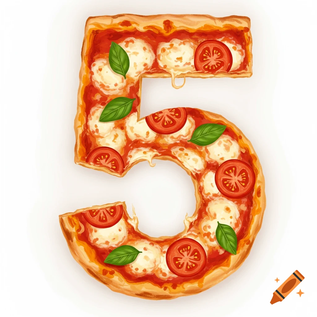 A pizza shaped like the number 5